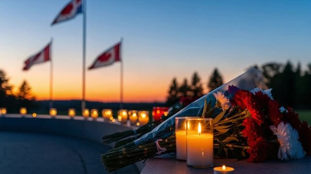 Memorial vigil with candles and flowers at sunset with Canadian flags at half mast representing national mourning remembrance and solemn tribute to victims