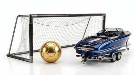 A blue boat on a trailer next to a soccer goal and a shiny gold soccer ball on a white background
