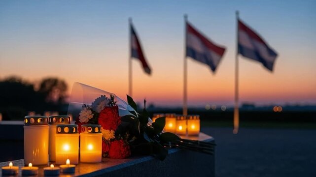 Memorial candles and flowers at sunset with flags in background, solemn remembrance ceremony for national tragedy, mourning and tribute concept for victims