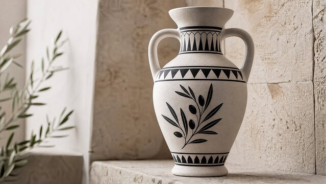 White ceramic amphora with black geometric patterns and olive branch motifs.