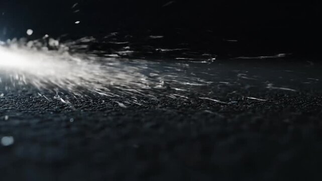 Bright metal sparks flying across dark textured ground surface.