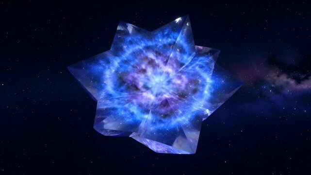 Crystal star deep space blue shimmering abstract cosmic burst in dark sky with glowing nebula and cosmic light, shimmering blue glow in deep space, abstract celestial burst and dark sky ambiance
