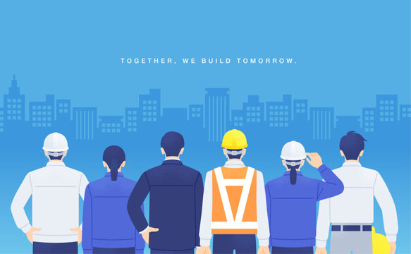 「TOGETHER, WE BUILD TOMORROW.」ビル群と建設業に携わる6人の後ろ姿