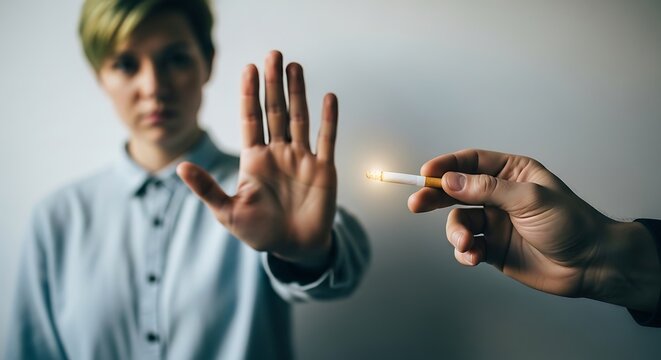 Woman refusing a cigarette with her hand, symbolizing quitting smoking and a healthy lifestyle choice against addiction