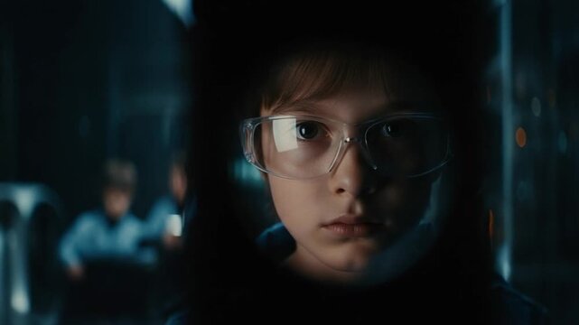 Young girl wearing protective safety goggles in a dark science laboratory, focused student conducting chemistry experiment, concept of STEM education and future technology