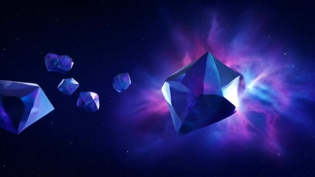 Blue crystal star deep space shimmering cosmic nebula with faceted crystal shapes, glowing star field, and floating crystal shard in dark galaxy scene