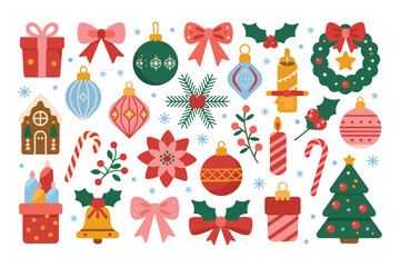 Fototapeta premium A joyful collection of colorful Christmas ornaments and festive decorations on a clean white background