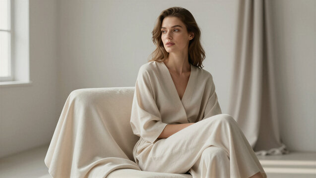 Soft light bathes a calm, seated woman. She wears flowing, muted tones with quiet grace. Her gaze lingers, thoughtful yet serene. Ideal for wellness, minimalist interiors. Subtle elegance evokes peace