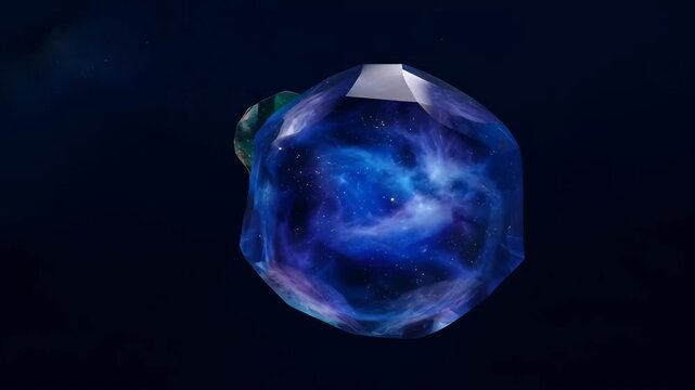 Blue crystal star deep space shimmering galaxy abstract orb cosmic sphere with glowing facet and nebula light on dark background, faceted gem with cosmic glow and dark space texture