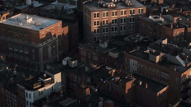 Aerial view of Boston's North End at sunrise. Shot on a spring morning.