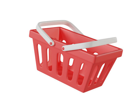 Red empty Shopping Basket with white handle for food from a supermarket for shopping. 3d Icon Shop Cart from grocery, 3d render isolated on background
