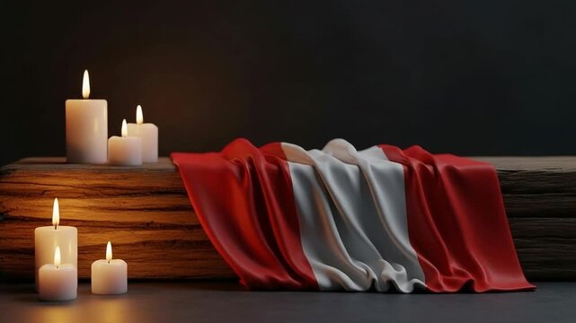 Peruvian flag draped over rustic wooden beam with lit candles for national mourning, memorial service, remembrance ceremony, or patriotic tribute background