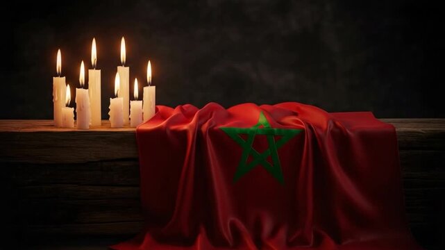 Moroccan flag draped over wooden table with lit candles for memorial service, national mourning concept, remembrance ceremony, solemn tribute, patriotism and respect