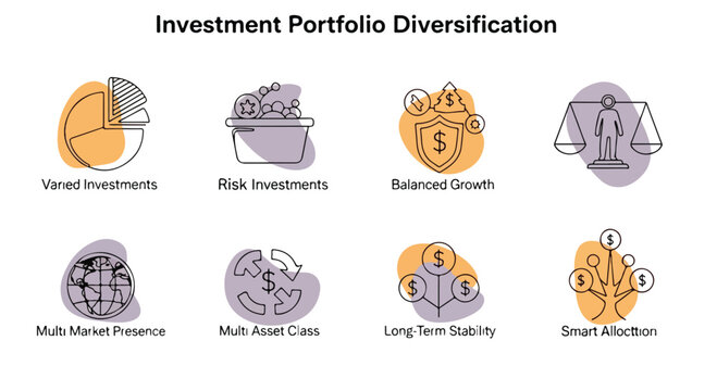 Investment Portfolio Diversification Icon Set, Financial Risk Management and Asset Allocation Vector Graphics, Balanced Growth and Stability Concepts