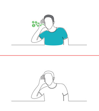 Continuous line drawing of a hand on an ear. The concept of a person's hand around the ear, ready to listen and take in information in a single line style.