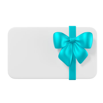 3d Gift card with a turquoise blue bow and ribbon on a white card. Elegant birthday present template for holiday shopping, discounts, vouchers, invitations, coupons, rewards. 3d render
