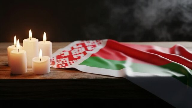 Belarus flag with lit candles on wooden table, concept of national mourning, remembrance, tragedy, sorrow, patriotism, memorial service, respect, honor, grief, loss, unity