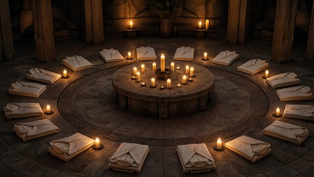Identical white robes and candles arranged on circular stone altar in soft light.