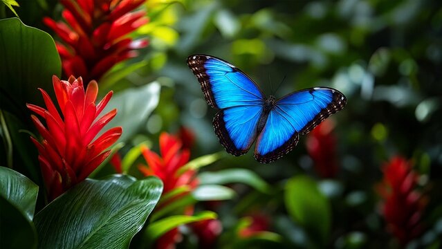 Blue morpho butterfly flying among tropical flowers in rainforest.