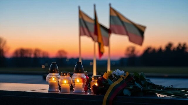 Memorial candles and flowers with national flags at sunset, solemn tribute for remembrance, honoring fallen heroes, patriotic commemoration, national mourning concept