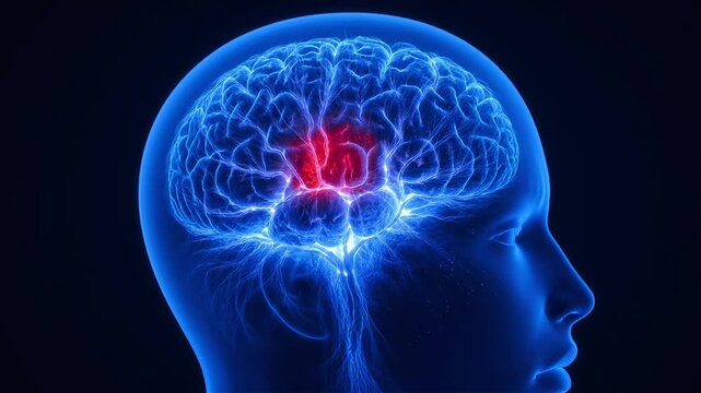 Human Brain With Red Highlighted Area Representing Pain Or Injury.