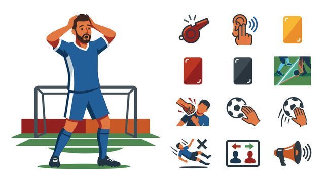 Bold flat vector illustration of a shocked male soccer player in a blue kit on a pitch, featuring icons for referee whistle, VAR check, yellow and red cards, fouls, and game rules.