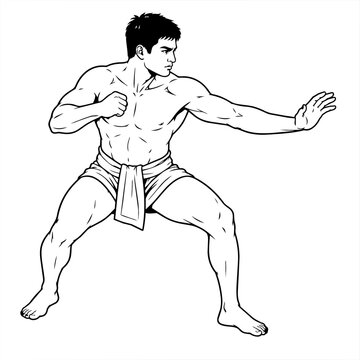 Traditional Southeast Asian Martial Arts Silat Fighter Vector Illustration, Ancient Combat Stance Line Art Warrior Graphic