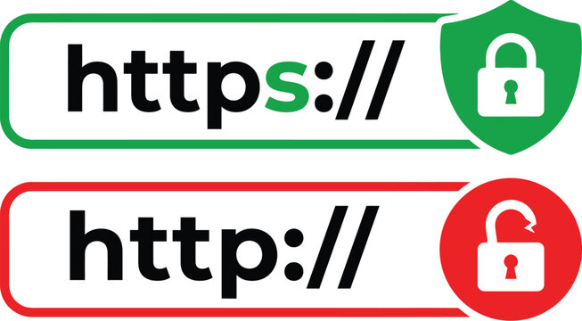 Secure https and insecure http web address icons showing protection status for internet browsing safety standards