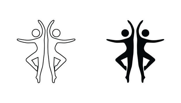 Dynamic dancing people icon set with outline and solid black silhouette for fitness health and dance studio branding isolated on white background