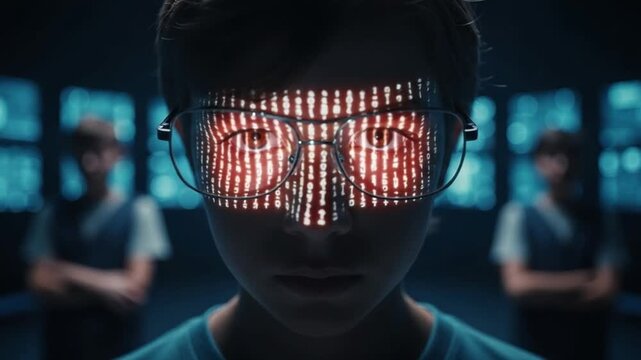 Young boy with digital binary code projection on face wearing glasses, cybersecurity education concept, futuristic technology learning, data analysis and artificial intelligence