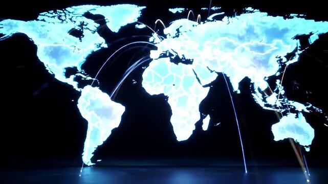 A glowing world map with connecting lines on a reflective surface, against black