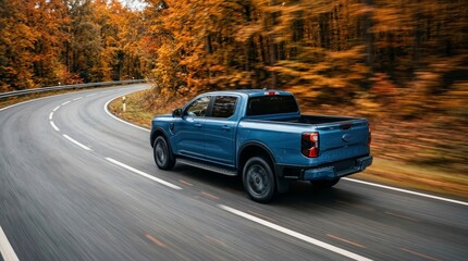 Fototapeta premium A new blue truck driving on a highway through a forest in autumn.