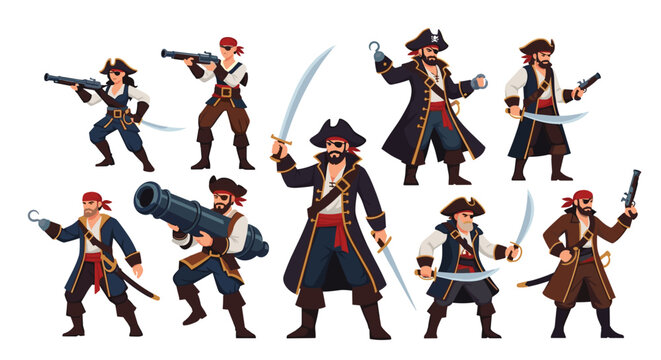 Collection of cartoon pirate characters featuring captains and crew members with swords, pistols, hooks, and cannons.
