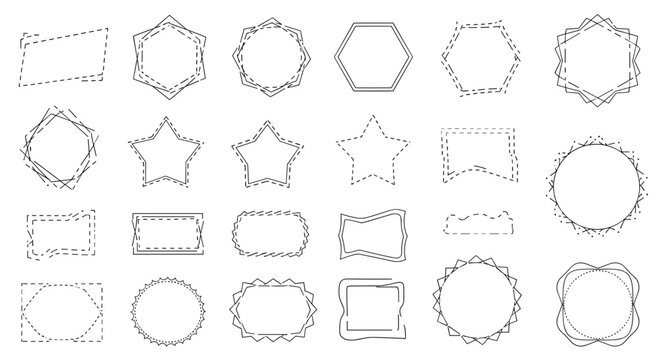 Assortment of geometric frame designs featuring circles, stars, hexagons, and rectangles with varied border styles.