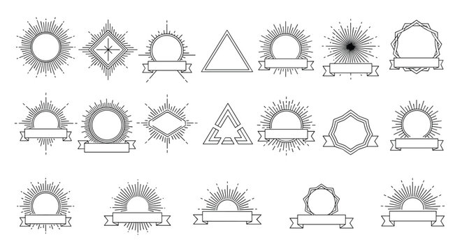 Set of decorative line art emblems and logo templates featuring sunbursts, geometric frames, and ribbon banners.