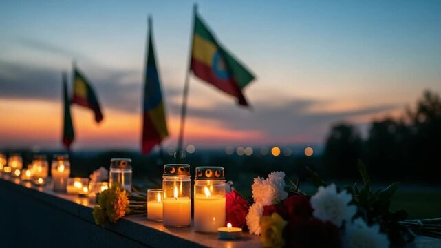 Memorial candles and flowers at sunset with national flags in background, solemn tribute for remembrance, mourning ceremony, vigil for peace and national unity