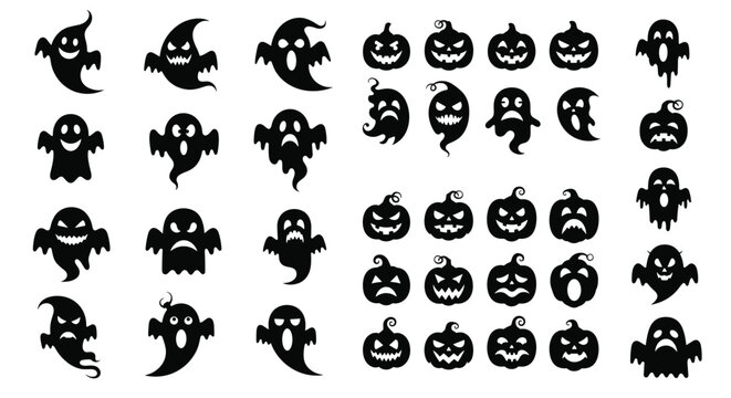 Comprehensive collection of spooky Halloween silhouettes featuring various ghost characters and jack-o-lantern pumpkins.