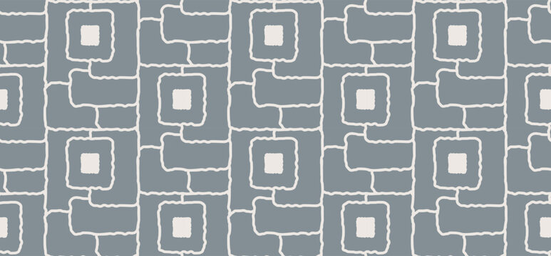 Abstract geometric seamless block grid with irregular rectangular shapes and central squares in muted gray and beige.