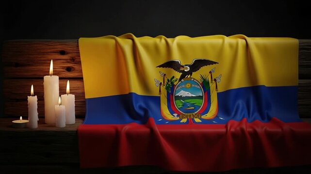 Ecuadorian flag draped over rustic wooden surface with lit candles for memorial tribute, national mourning, patriotism, and solemn remembrance concept