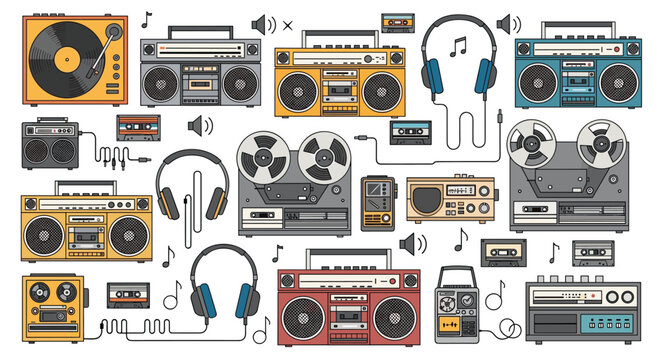 Extensive collection of vintage audio equipment including classic boomboxes, cassette tapes, and record players on a white background.
