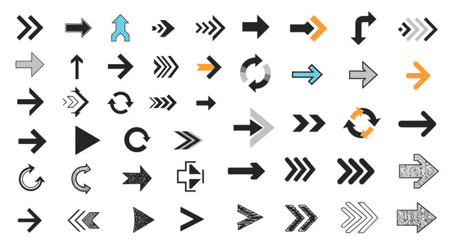 Comprehensive collection of arrow icons in various styles ranging from simple flat designs to hand drawn and textured sketches.