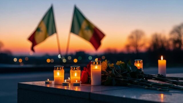 Memorial tribute with candles and flowers at sunset with national flags in background, concept of national mourning, remembrance, tragedy, respect, and solemn commemoration