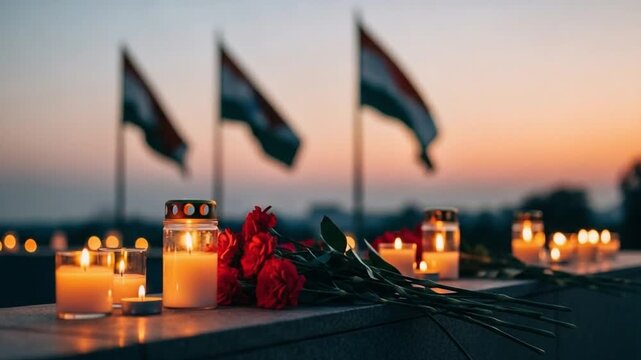 Memorial tribute with burning candles and red carnations at sunset, national flags in background, concept of remembrance, mourning, patriotism, and honoring fallen heroes