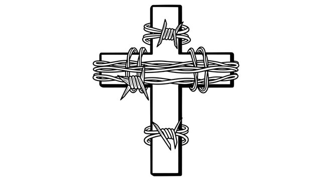 Christian cross wrapped in barbed wire woodcut illustration.