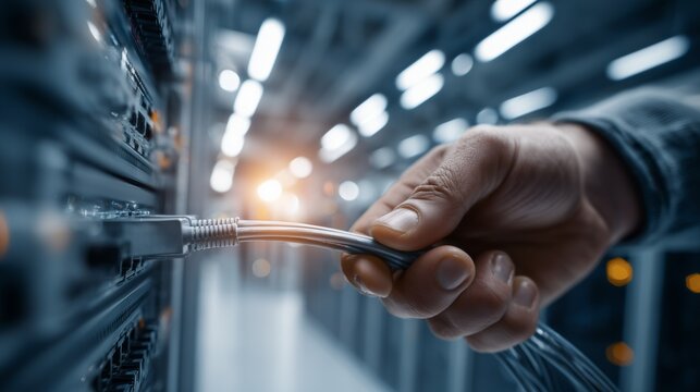 Hand connecting ethernet cable to a network switch for data transmission in a server room