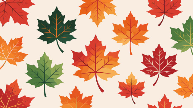 A vibrant collection of autumn maple leaves in various shades of red, orange, and green, set against a soft, textured cream background.
