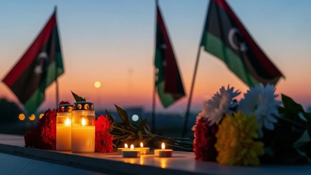 Memorial tribute with candles and flowers against Libyan flags at sunset, concept of national mourning, remembrance, tragedy, loss, and solidarity for victims of disaster