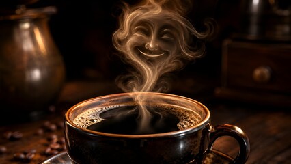 Fototapeta premium Hot Coffee Cup with Smiling Steam Face on Dark Background
