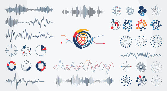 Assortment of audio frequency waveforms sound equalizer bars and circular data visualization icons for music and technology applications.