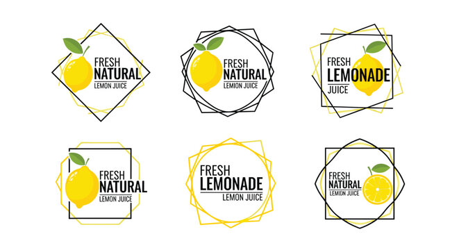 Collection of fresh and natural lemon juice badges and labels featuring bright yellow lemons within various geometric frames for branding.